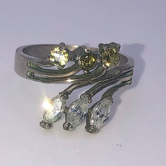 STERLING Silver w Green & Clear / White Cz Stones Vines Design Sz 8 - Picture 4 of 7